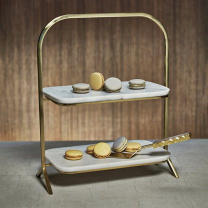 Madeleine Marble Two-Tier Stand - Gold & White Marble - Serveware by Carlyle Avenue