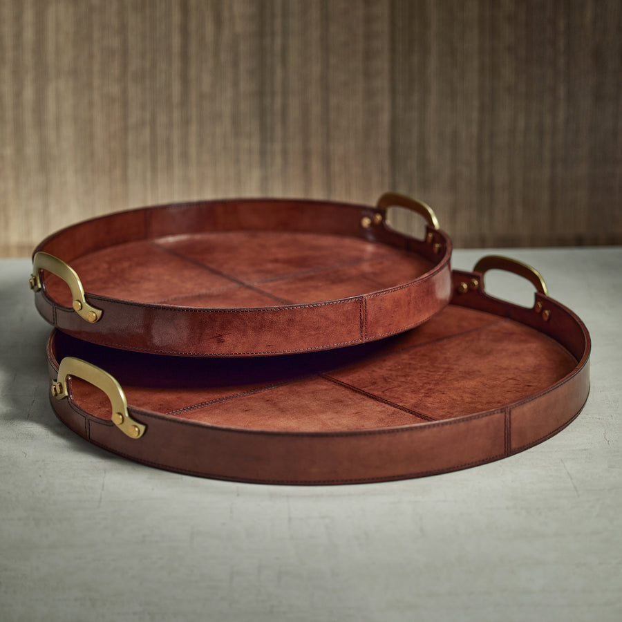 Aspen Leather w/Brass Handles Round Tray - Decorative Trays by Carlyle Avenue