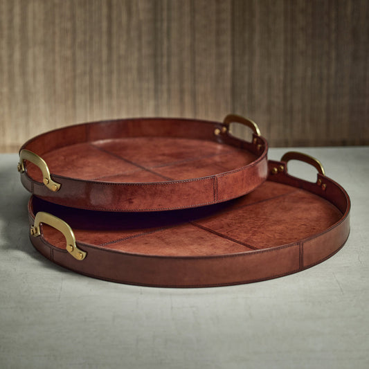 Aspen Leather w/Brass Handles Round Tray - Decorative Trays by Carlyle Avenue
