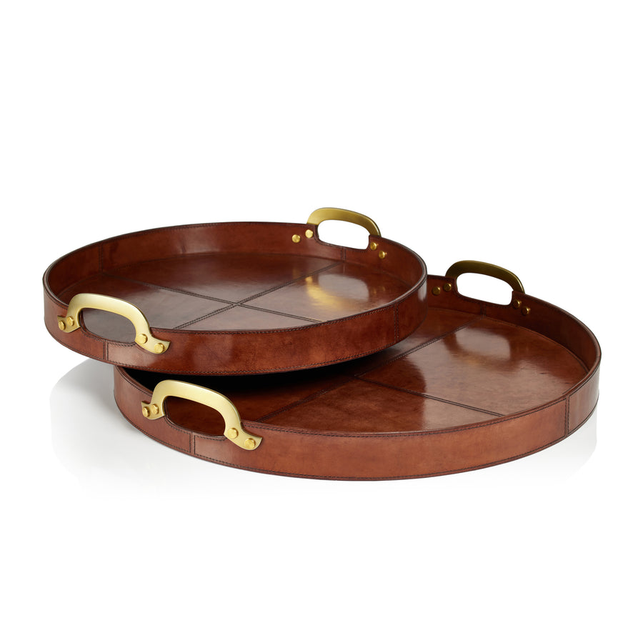 Aspen Leather w/Brass Handles Round Tray - Decorative Trays by Carlyle Avenue