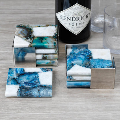 Set/4 Crete Agate Coasters on Metal Tray - Green/White - Coasters by Carlyle Avenue