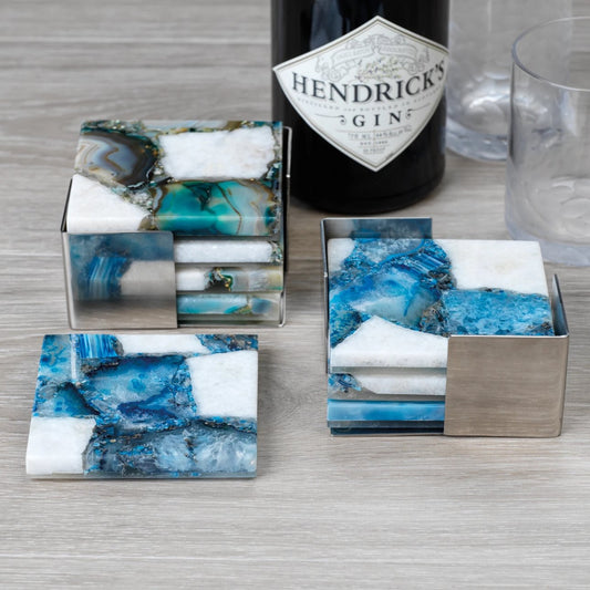 Set/4 Crete Agate Coasters on Metal Tray - Blue/White - Coasters by Carlyle Avenue