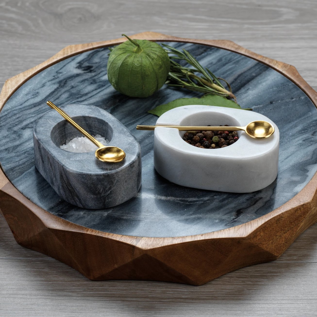 Tuscan Marble Salt & Pepper Bowl with Gold Spoon - Tableware by Carlyle Avenue