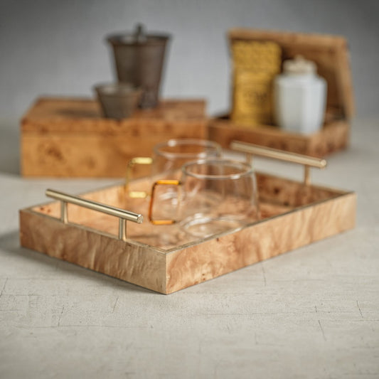 Leiden Burlwood Rectangular Tray with Gold Handles - Medium - Tray by Carlyle Avenue